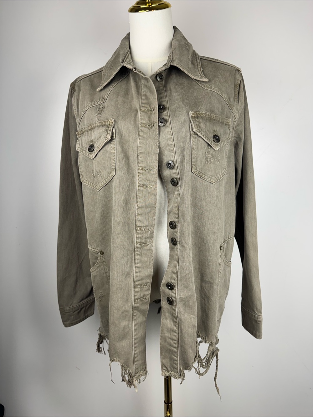 Free People Womens XS Green Distressed Raw Hem Military Utility Jacket Grunge